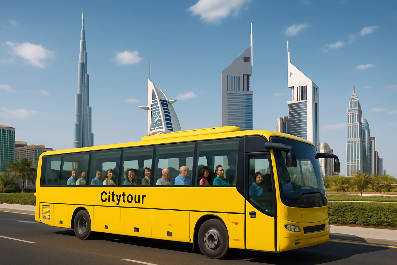 Group transport bus touring Dubai landmarks