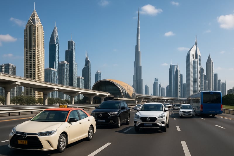Modern Dubai road travel vehicles and cityscape Modern Dubai road travel vehicles and cityscape