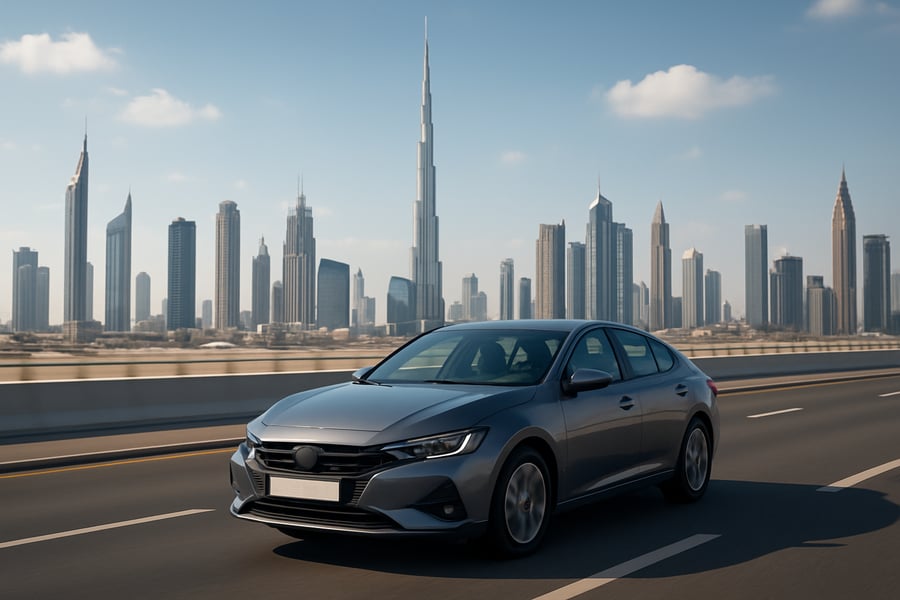 Modern car driving on a Dubai highway with city skyline in the background Modern car driving on a Dubai highway with city skyline in the background