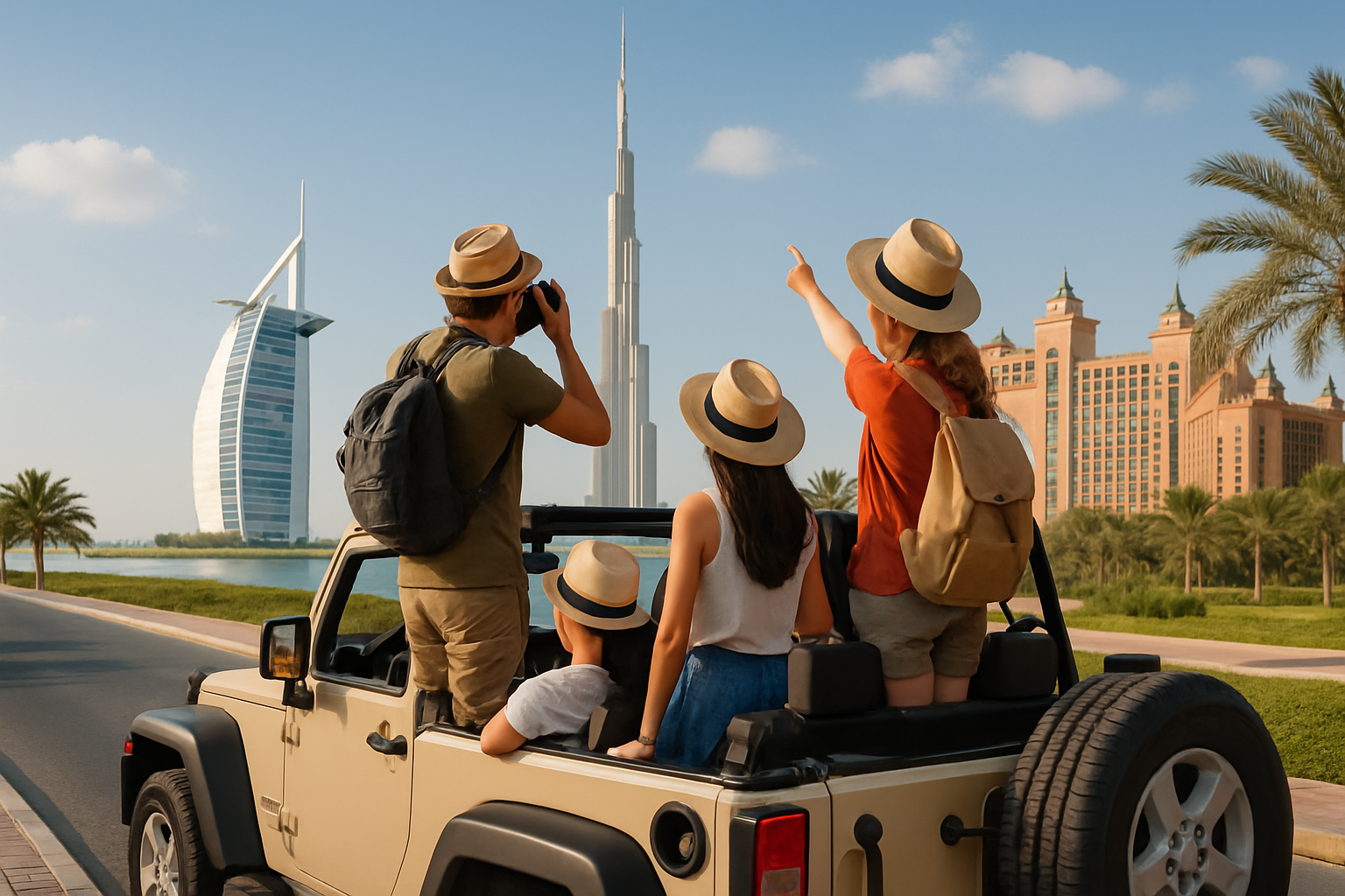 Tourists exploring Dubai landmarks on a road trip